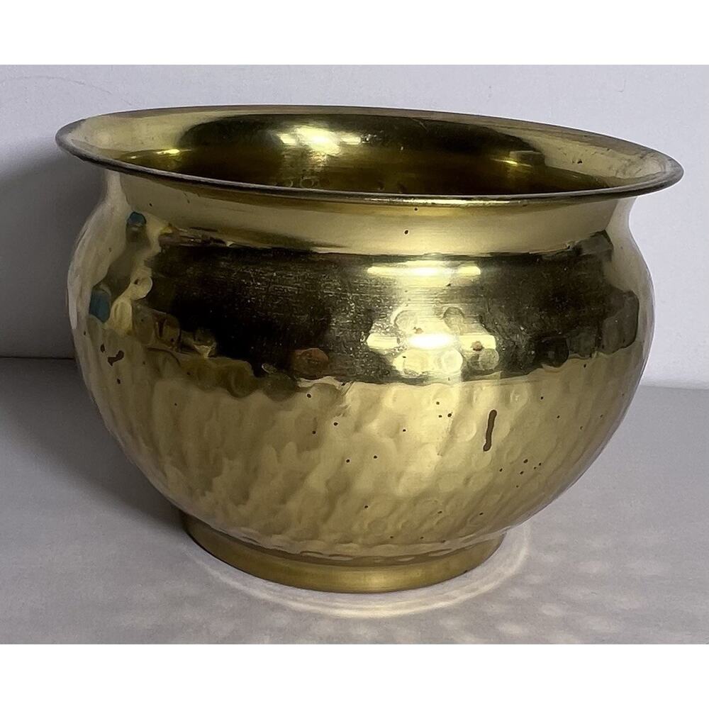 Vintage Solid Hammered Brass Round Planter Pot Made In India